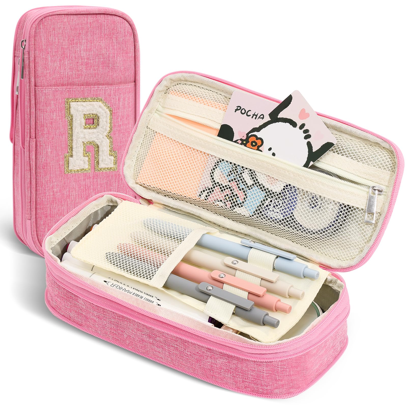 Photo 1 of GIFTOXO Pencil Bag, Pencil Case for Girls Women, Preppy Pencil Case, Large Initial Pencil Pouch with Zipper, Back to School Supplies, Aesthetic Pen Case Box for Kids Teen Girls - R(Pink)