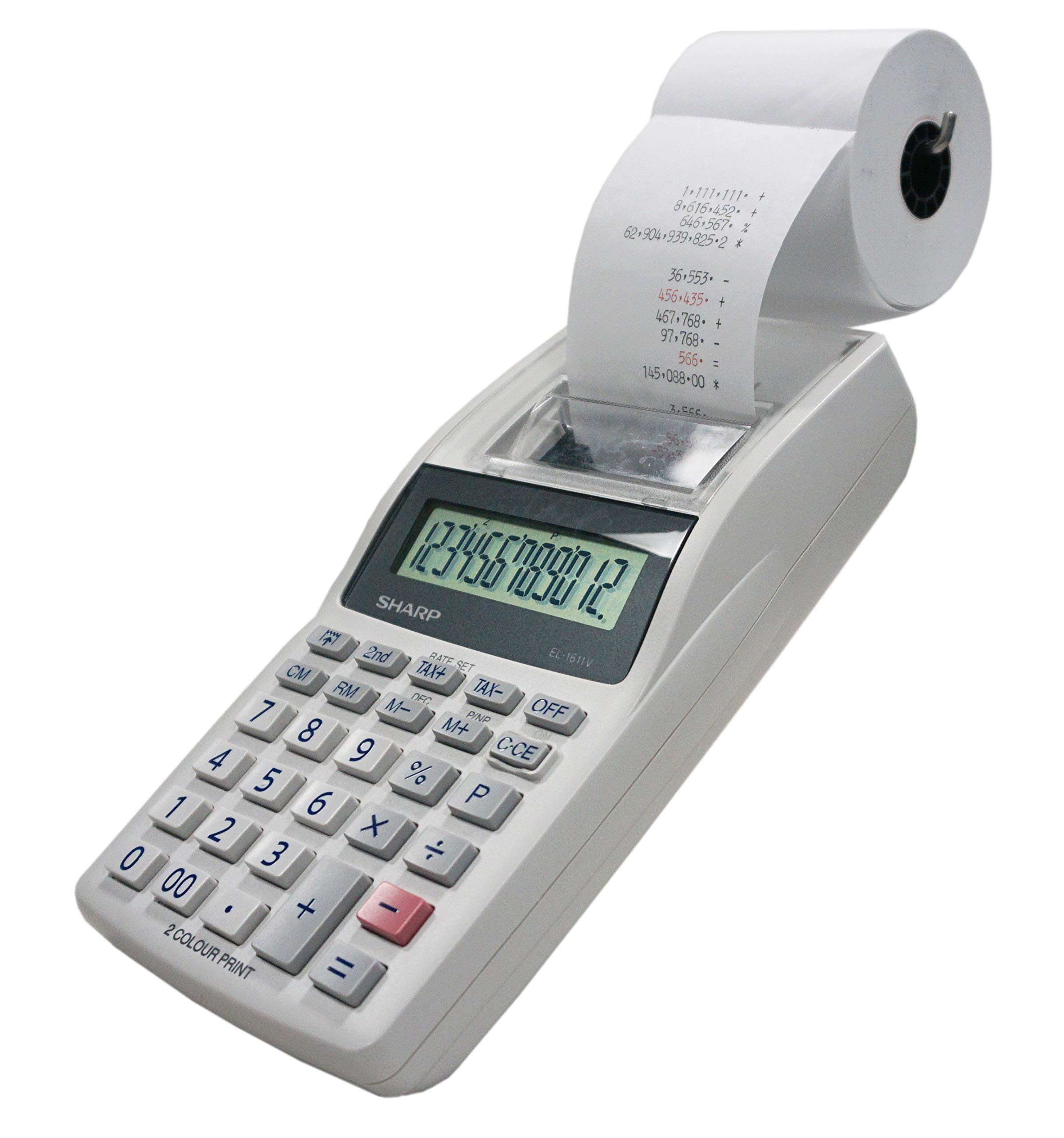 Sharp EL-1611V Handheld Portable Cordless 12 Digit Large LCD Display Two-Color Printing Calculator with Tax Functions