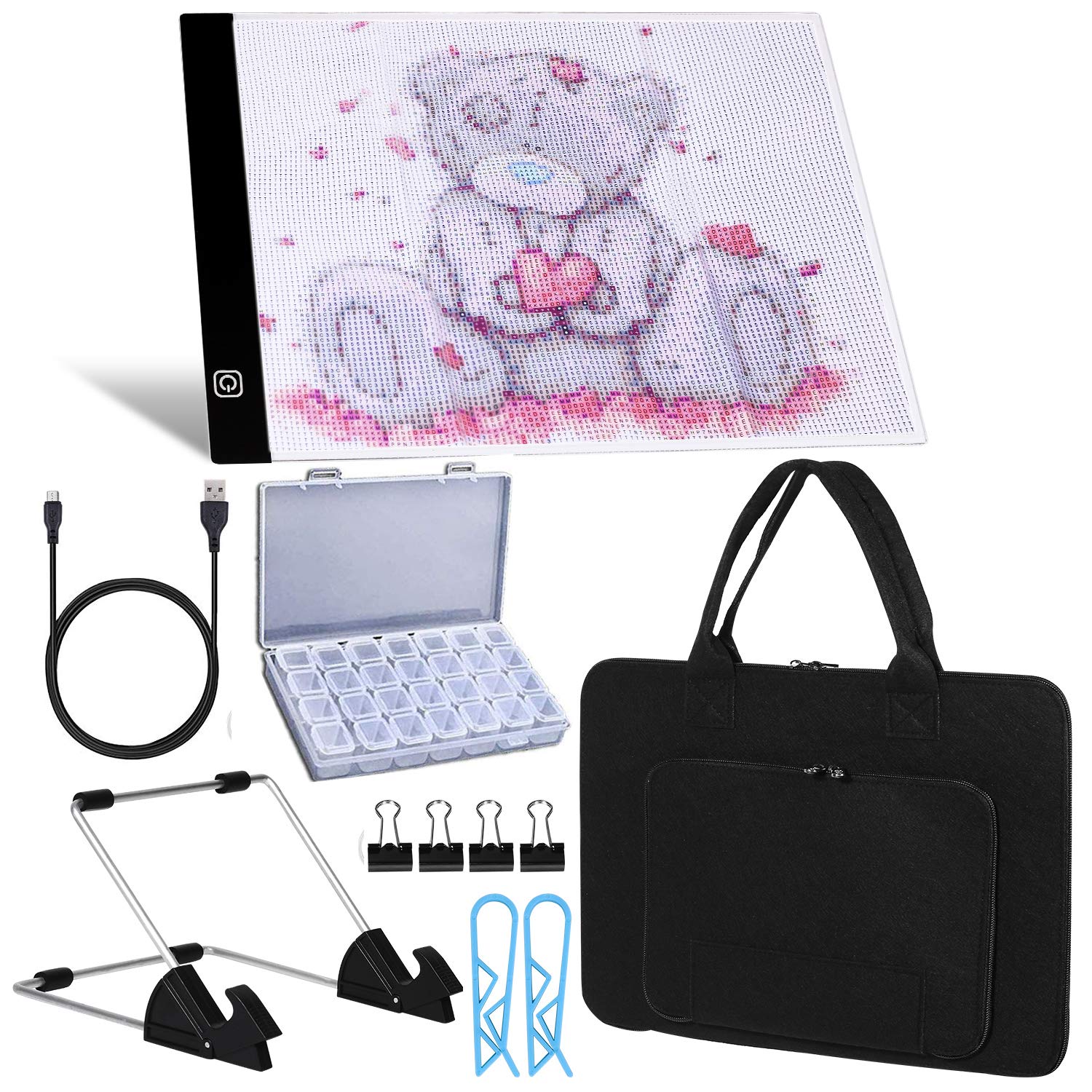 Photo 1 of A4 LED Light Pad for Diamond Paint Kits, Super Bright USB Powered Light Board Kit with Detachable Stand, and Black Pad Clip (Pad and Bag)