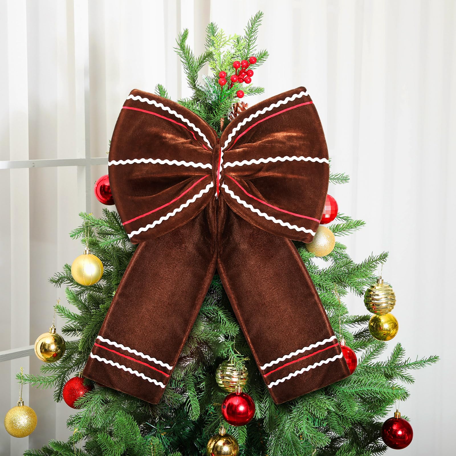 Photo 1 of 20x13.8 Inch Large Christmas Velvet Brown Bows Tree Topper Christmas Gingerbread Tree Topper Xmas Bow Ornament Brown Xmas Hanging Decor for Door Garland Wall Holiday Indoor Outdoor Party Supply Gift