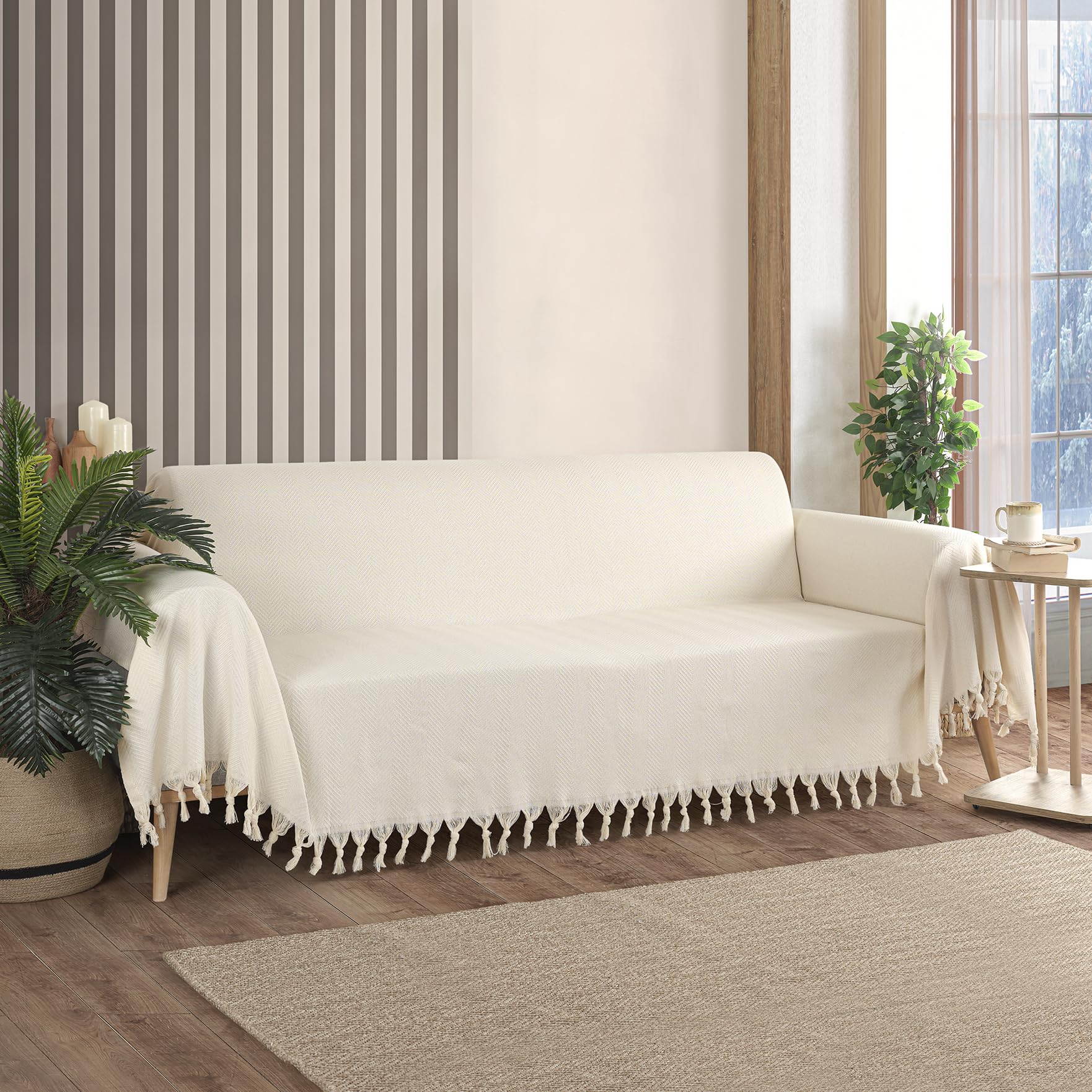 Milam London Sofa Throws Large 3 Seater | Extra Large Throws For Settees | Cotton Throw Blanket | Herringbone Throw, 180 x 300 cm, Cream