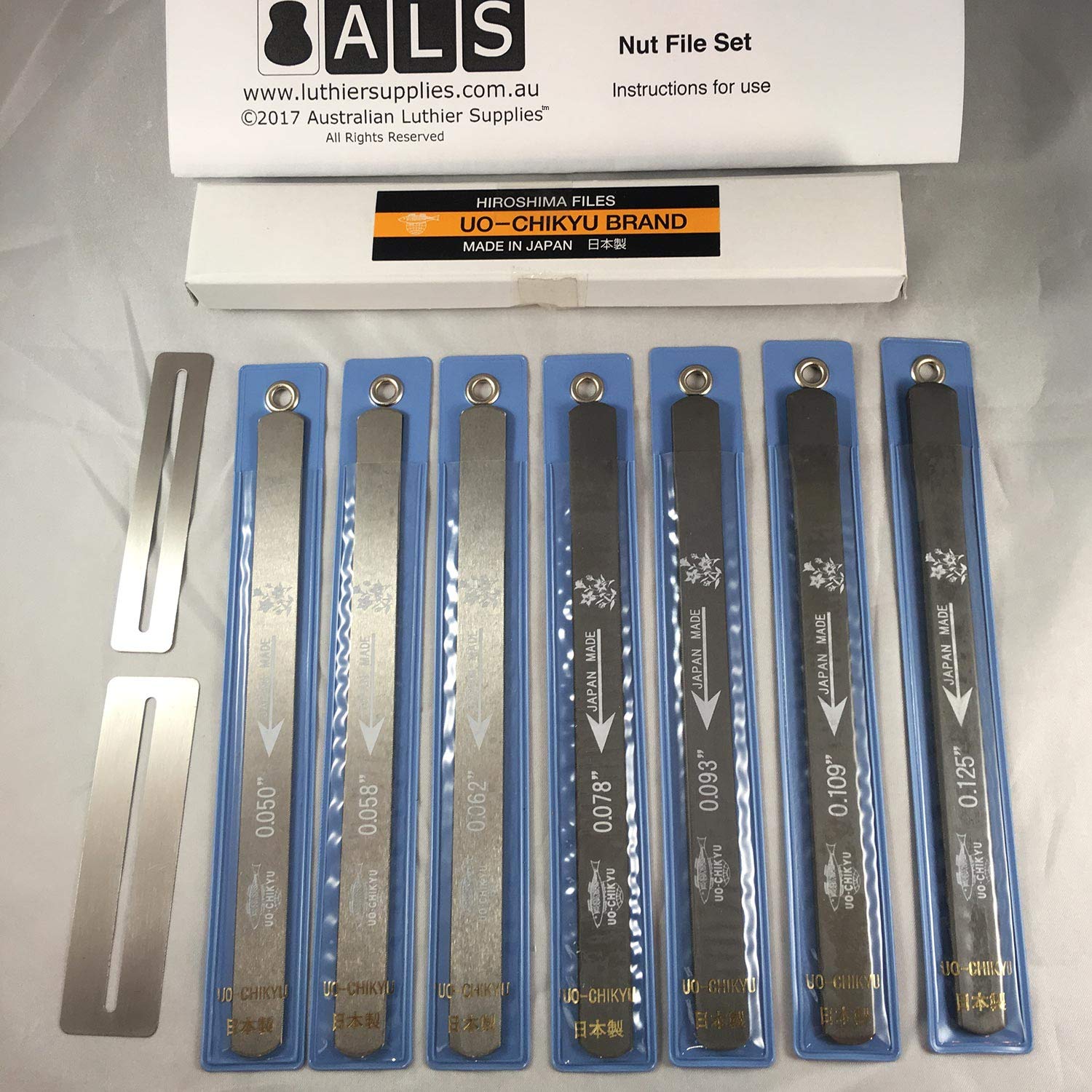 ALS Bass Nut File Set 7-Piece 50-125 with Instructions (Bonus Fingerboard Guard Set) #5004 Nut Files Made in Japan by Uo-Chikyu Hiroshima - Instructions by Australian Luthier Supplies