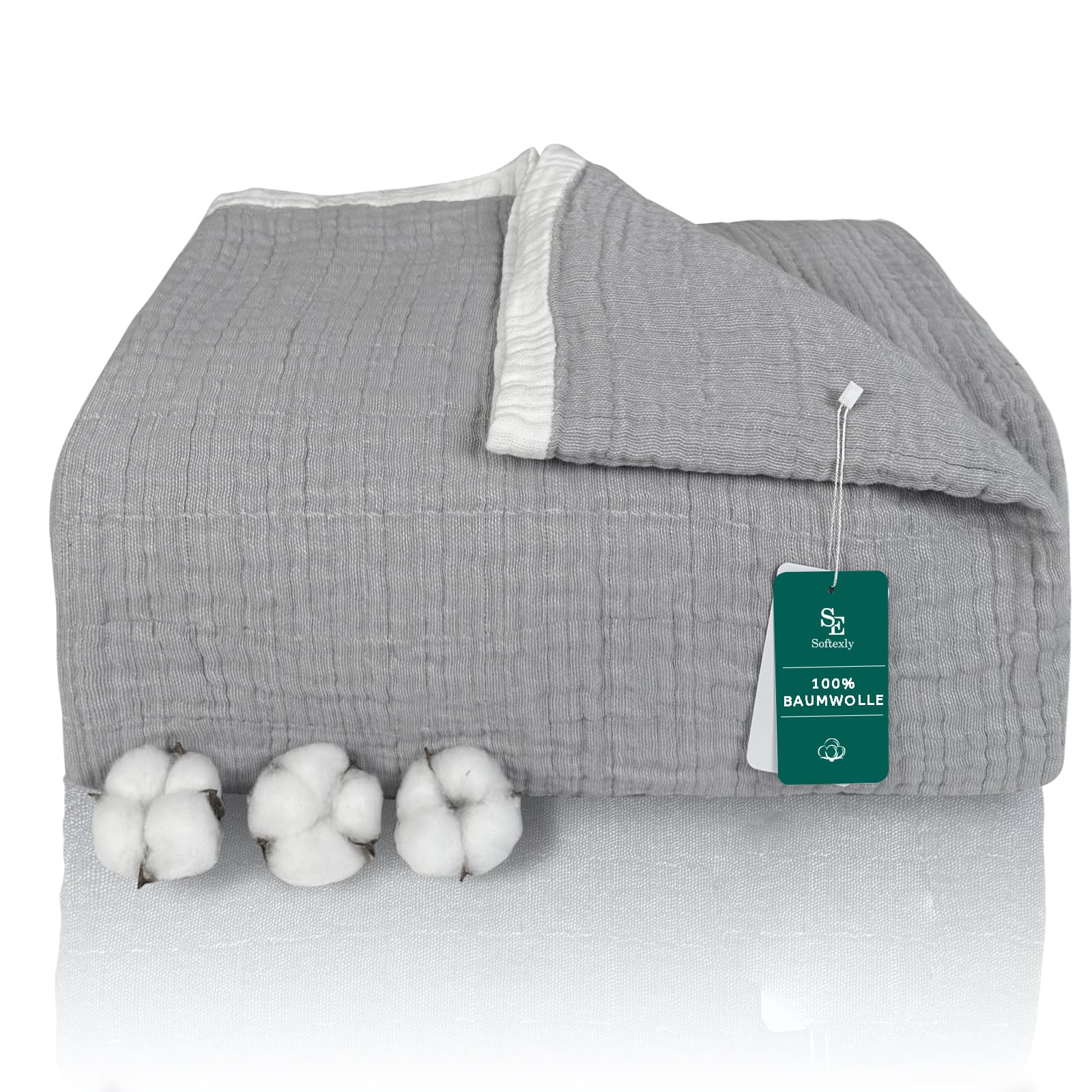 SofTex Cuddly Blanket, 100% Cotton, 4-Layer, Muslin, Summer Throw, Sofa Blanket, All Season Blanket, Grey, 200 x 230 cm