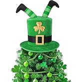 codree St. Patrick's Day Tree Topper Hat, Irish Green Shamrock Elf Legs Top Hat Decoration, St. Patrick Clover Velvet Hat Tree Topper for Holiday Home Party Decor Fancy Dress Costume