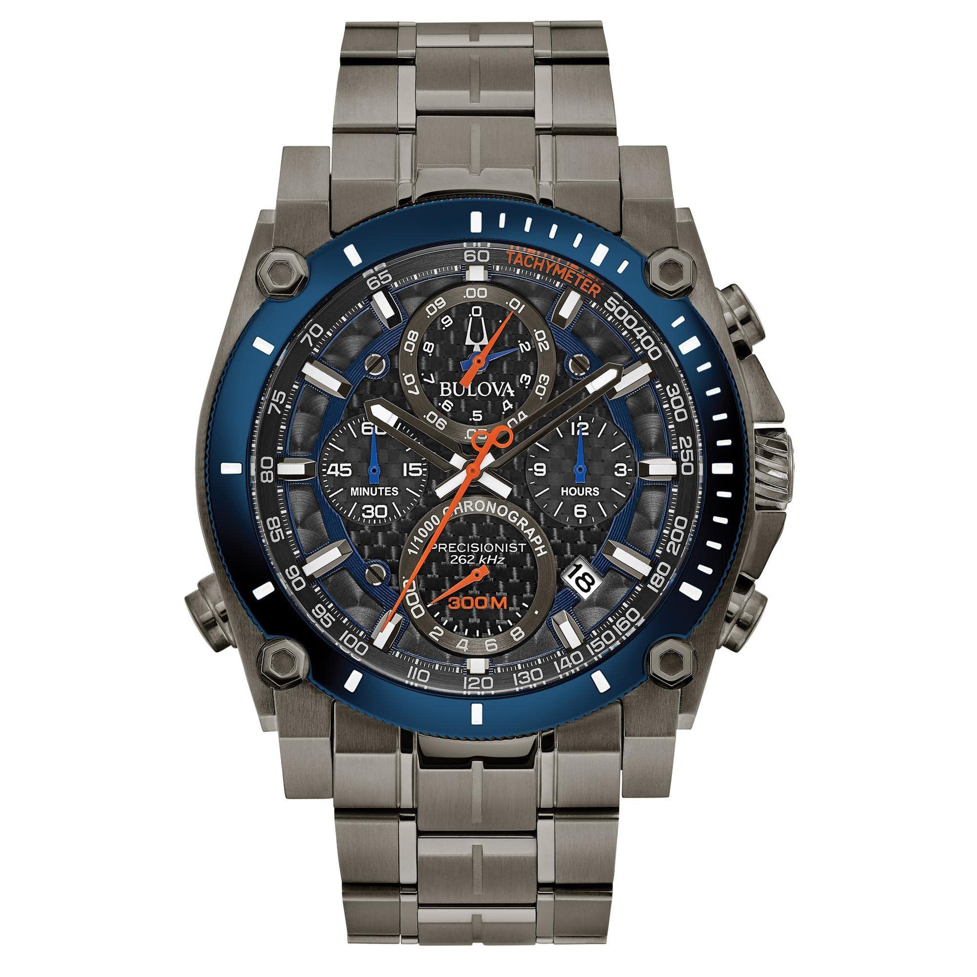 Bulova Cronógrafo de 8 manecillas de acero inoxidable con baño de iones gris Precisionist para hombre con detalles en azul y naranja Estilo: 98B343