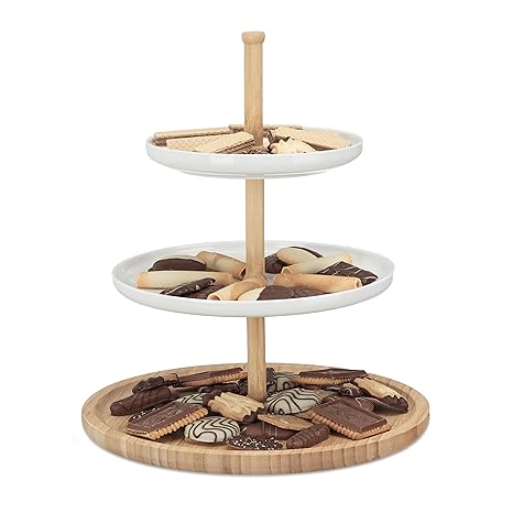 Relaxdays Etagere Bambus und Keramik, 3-stöckig, Servierplatte, DxH: 30 x 36 cm für Kekse, Obst, Knabberzeug, natur-weiß