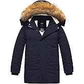 CREATMO US Boy's Sherpa Long Parka Winter Coat Thicken Water Repellent Puffer Jacket With Removable Faux Fur Hood