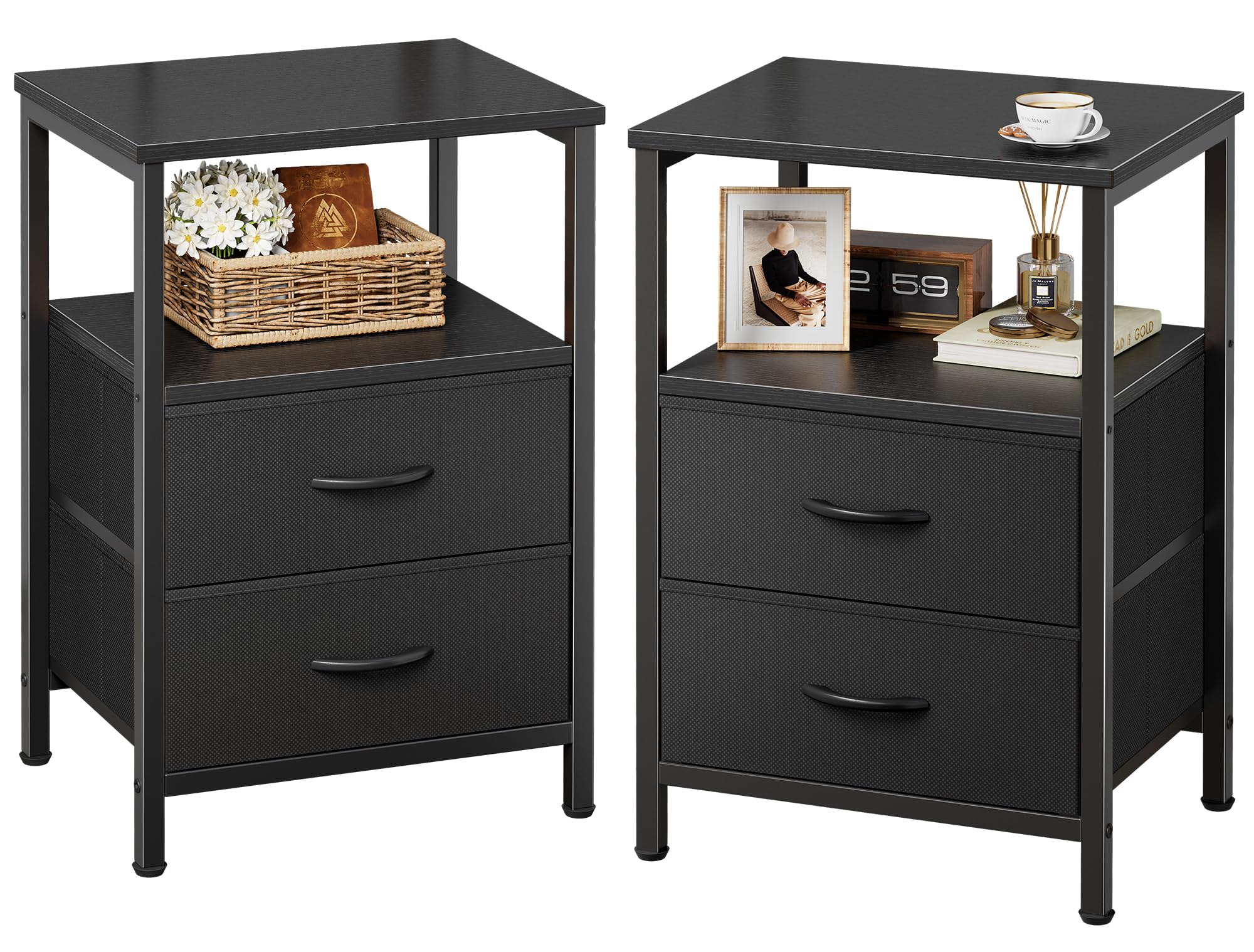 Photo 1 of Huuger Night Stand Set of 2, Nightstand with 2 Drawers, Bed Side Table with Open Shelf, Wooden Top, End Table, Fabric Drawer, for Bedroom, Black
