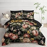 Nttopship Black Floral Comforter Set Queen Colorful Floral Bedding Sets 7PCS,Light Colorful Flower Bedding Set 7 Piece in A Bag,Bed Sheet Set Flower Decor,Microfiber Ultra-Soft Lightweight Microfiber