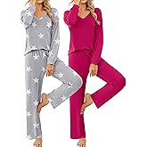 Ekouaer Womens 2 Pack Pajama Sets Long Sleeve Pajamas Top and Pants V Neck Soft Pjs Set Loungewear with Pockets