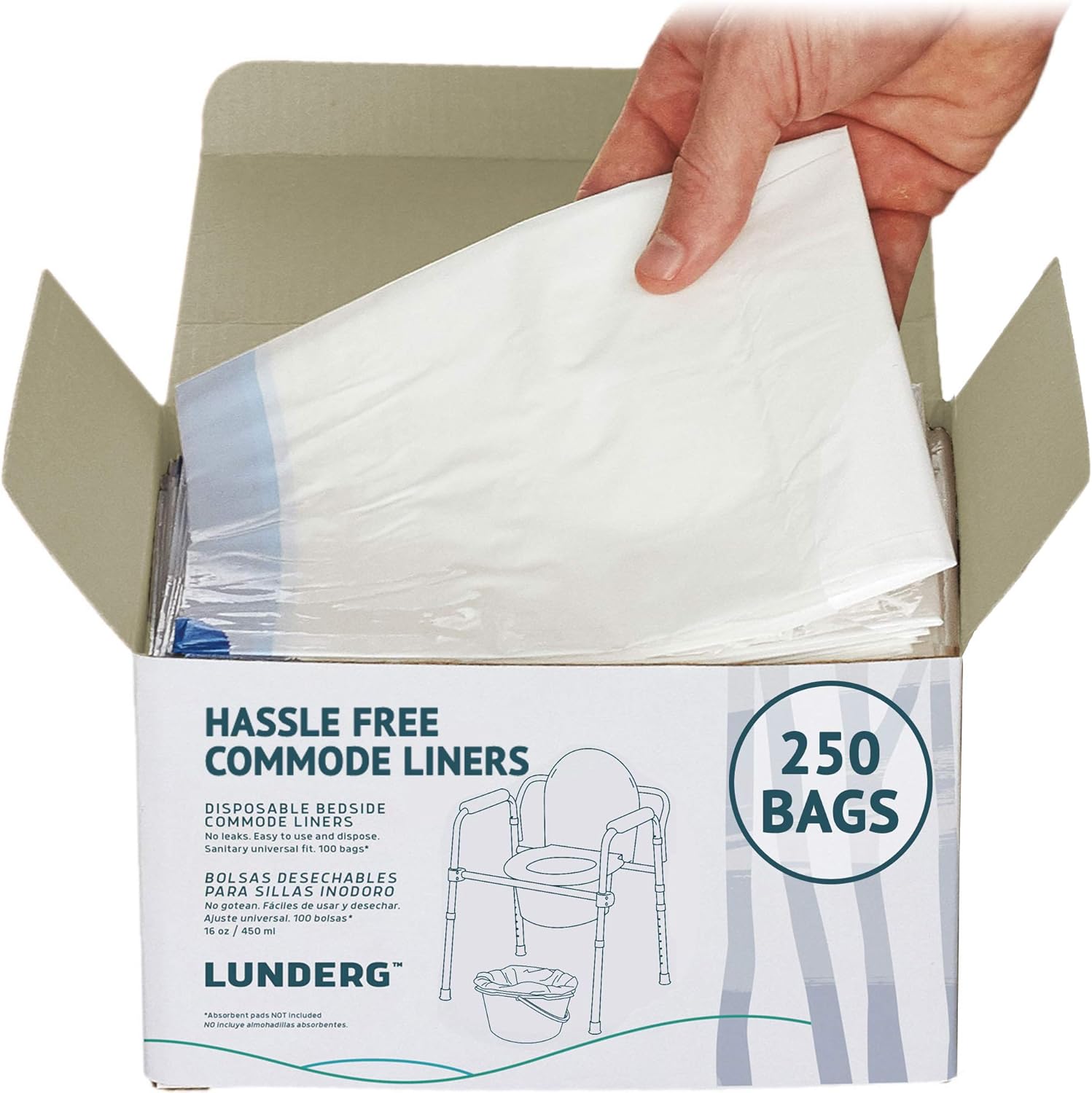 Lunderg Commode Liners - Value Pack 250 Count Universal Fit - Medical Grade Bedside Commode Liners Disposable for Adult Commode Chair, Portable Toilet Bags or Camping Toilet Bags: Health & Personal Care