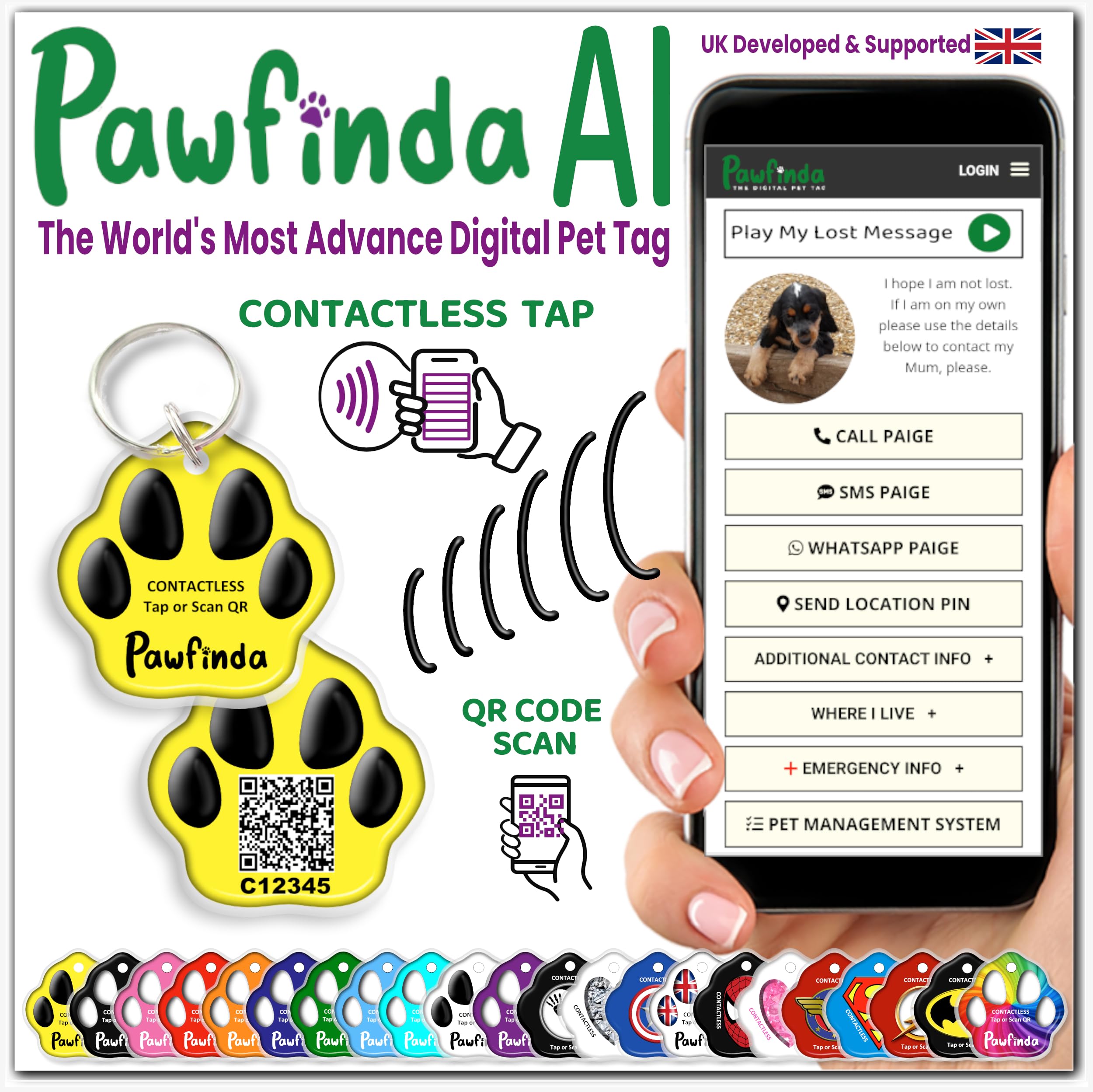 PAWFINDA – Next Generation AI Digital Personalised Cat Dog Pet Engraved ID Tag with CONTACTLESS NFC and QR Code Technology Now with PawVoice AI. UK Developed, Designed, and Supported. (Yellow Paw)