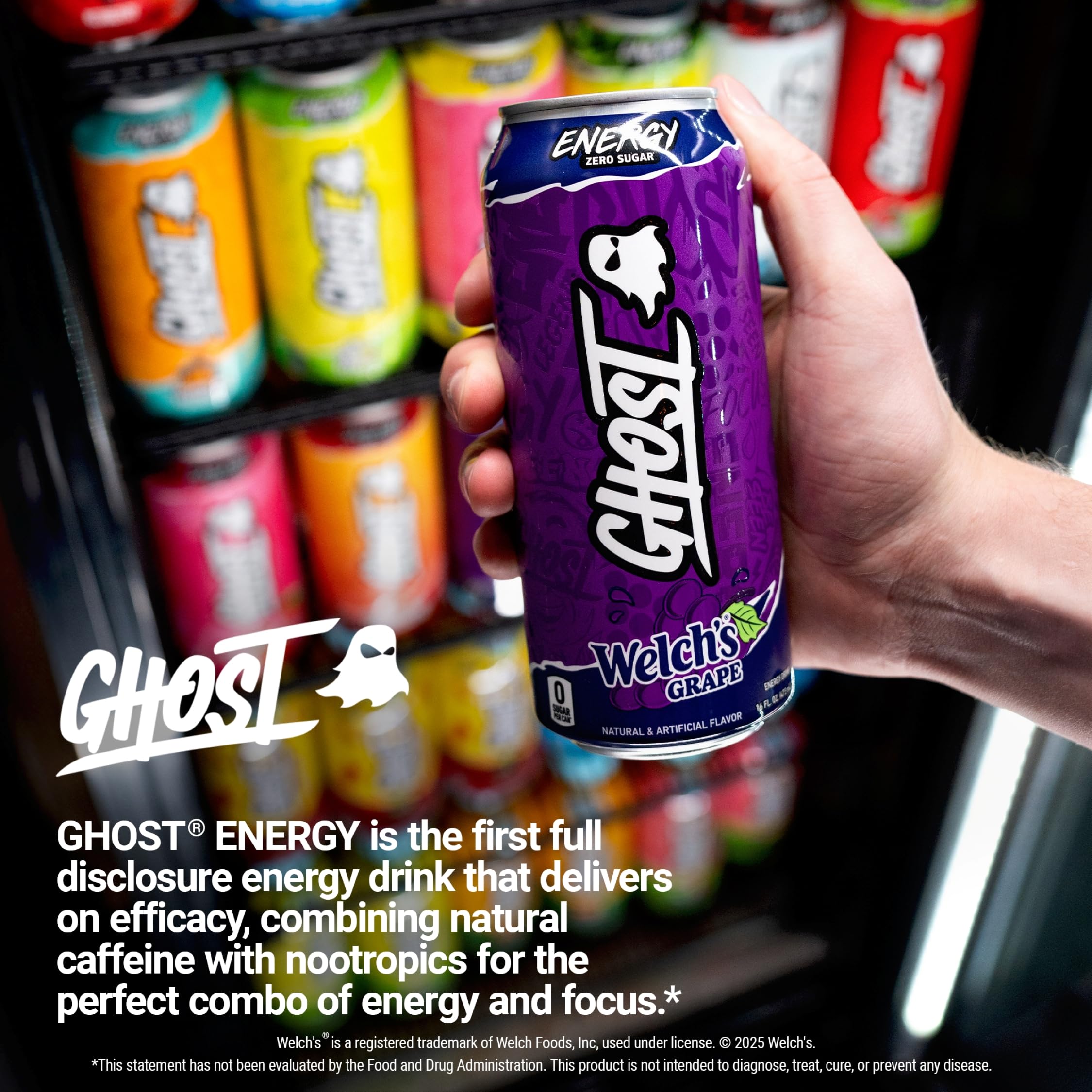 GHOST Energy Drink - 12-Pack, Welch's Grape, 16oz Cans - Energy & Focus & No Artificial Colors - 200mg of Natural Caffeine, L-Carnitine & Taurine - Gluten-Free & Vegan