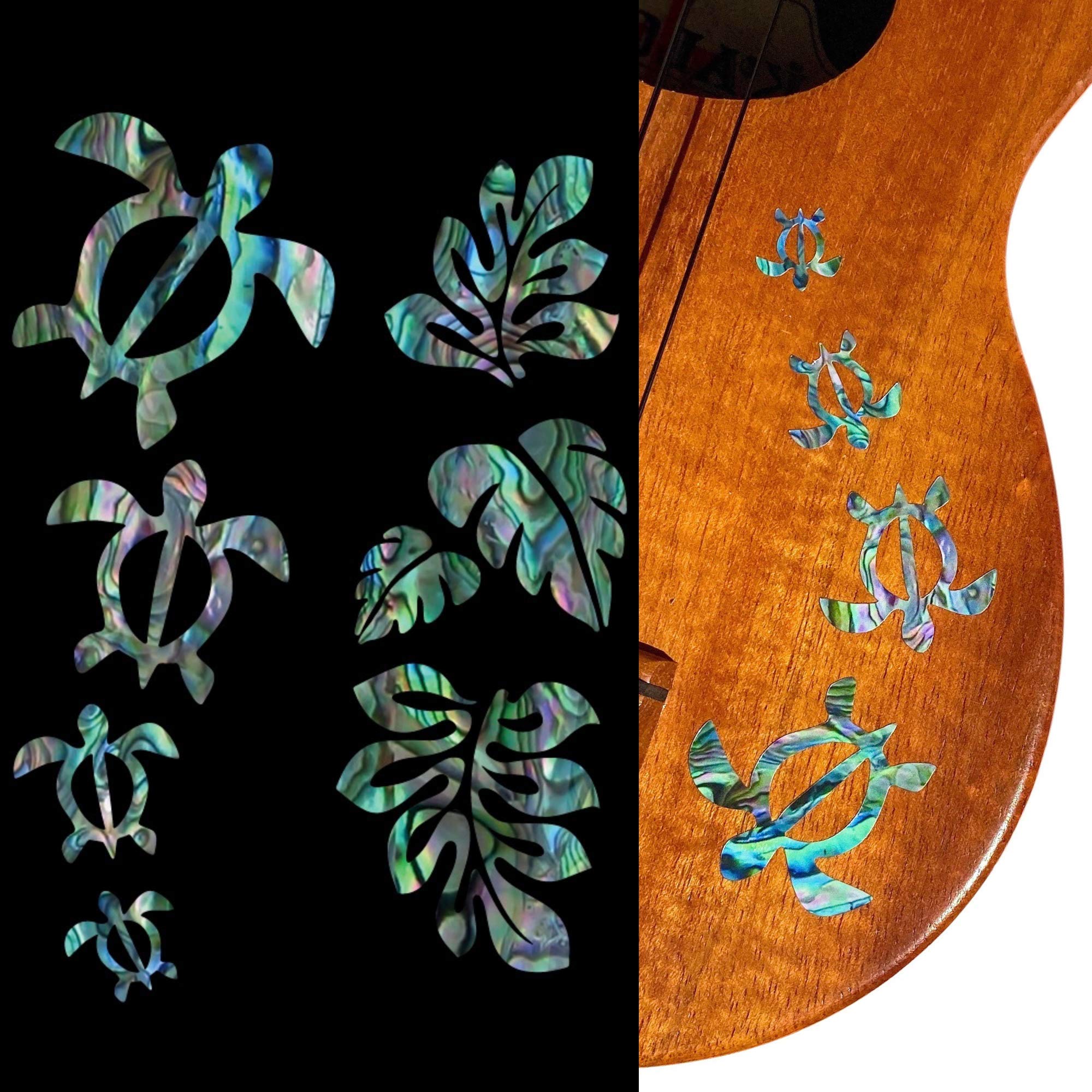 Inlay Stickers for Ukuleles - Honu Family & Tropical Monstera Leaves - Abalone Blue, UK-273HF-BL-AZ