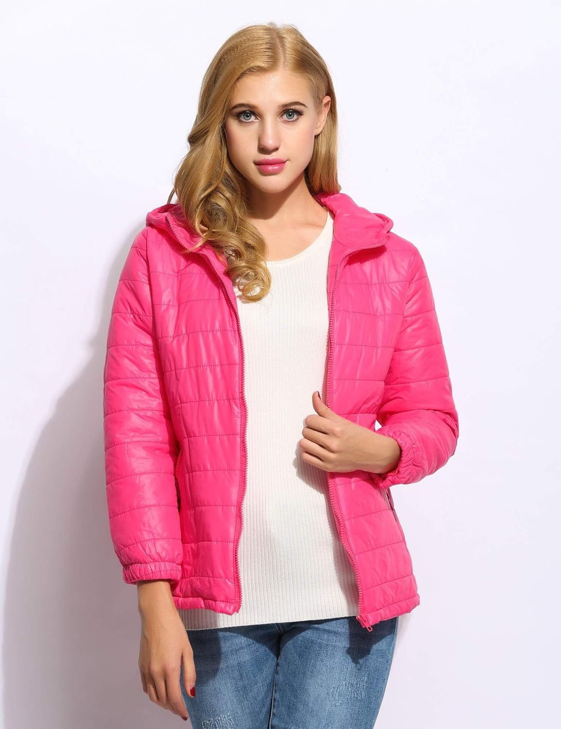 eshion women's padded outwear hoodies down jacket puffer coat winter x-large rose red