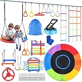 Hapfan 50 ft Ninja Warrior Obstacle Course Swing Set for Kids Outside | Includes 32" Saucer Tree Swing &amp; Adjustable Obstacles, Outdoor Tree Jungle Gym with Monkey Bars, ASTM Certified Playset