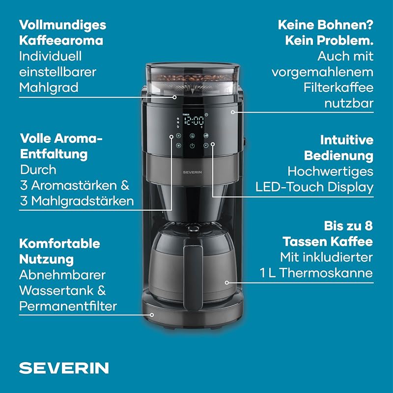 Filter-Kaffeemaschine, Thermokanne, Mahlwerk, bis zu 8 Tassen, 1L — Foto 3 von 8