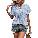RICHSTORY Womens Summer Tops V Neck Short Sleeve Shirts Casual Textured Eyelet Top Dressy Blouses