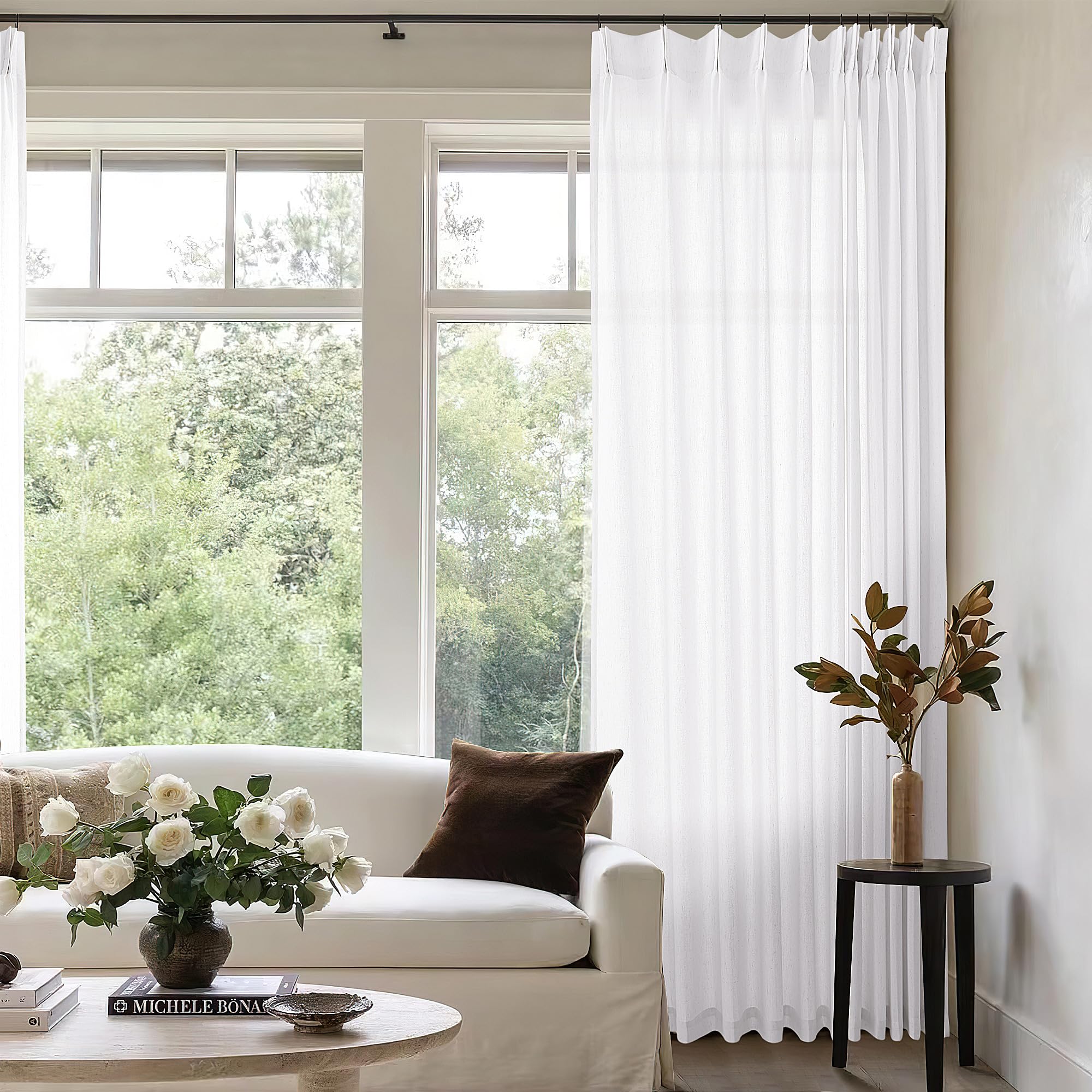 Photo 1 of White Pinch Pleated Curtains 132 Inches Long for High Ceiling Living Room Extra Wide Linen Drapes with Hooks Rings Back Tab Semi Sheer Light Filtering Luxury 72 x 132 Inch Curtain for Large Window