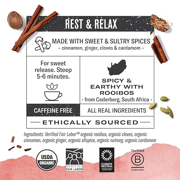 NUMI ORGANIC ROOIBOS CHAI TEA, 18 HERBAL BAGS, MICROPLASTIC FREE, RICH FLAVOR WITH CINNAMON, ALLSPICE & GINGER, CAFFEINE FREE