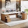 Tribesigns 85.8" L-Shaped Executive Desk, Extra Large Office Desk with File Drawers, Modern Business Furniture, Computer Desk Workstation with Door Cabinet, Shelves for Home Office, White & Brown