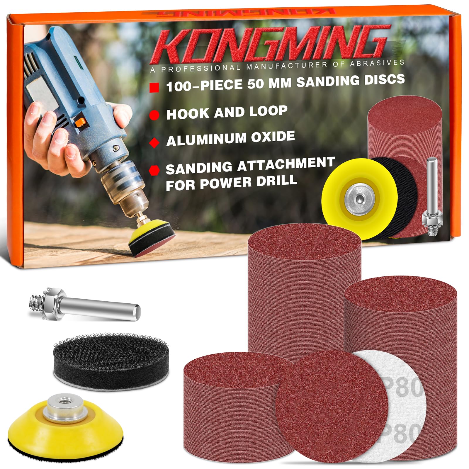 KONGMING 50mm Sanding Discs Hook and Loop 100 pcs Grit 80 for Drill Sanding Attachment