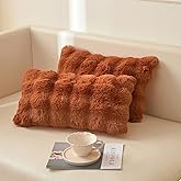 LIFEREVO 2 Pack Faux Rabbit Fur Lumbar Decorative Throw Pillow Covers 12x20, Plush Shaggy Bubble Waffle Accent Cushion Cover with Zipper, Furry Fuzzy Long Pillowcases for Bed Sofa Bench, Burnt Orange