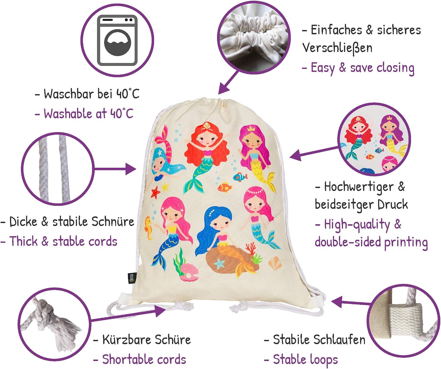 HECKBO Girls Mermaid Gym Bag, 40 x 32 cm, Printed on Both Sides and Machine Washable, Suitable for Sports School, Leisure - Image 5