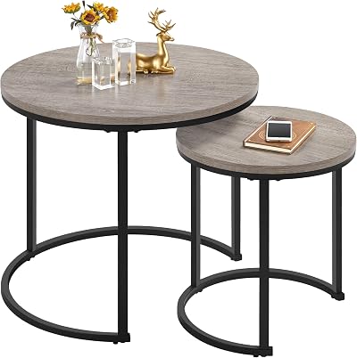 Yaheetech Round Nesting Coffee Table Set 2 with Metal Frame Grey 60x60x50.5cm