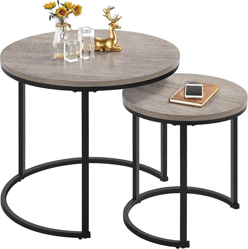 Yaheetech Round Nesting Coffee Table Set 2 with Metal Frame Grey 60x60x50.5cm