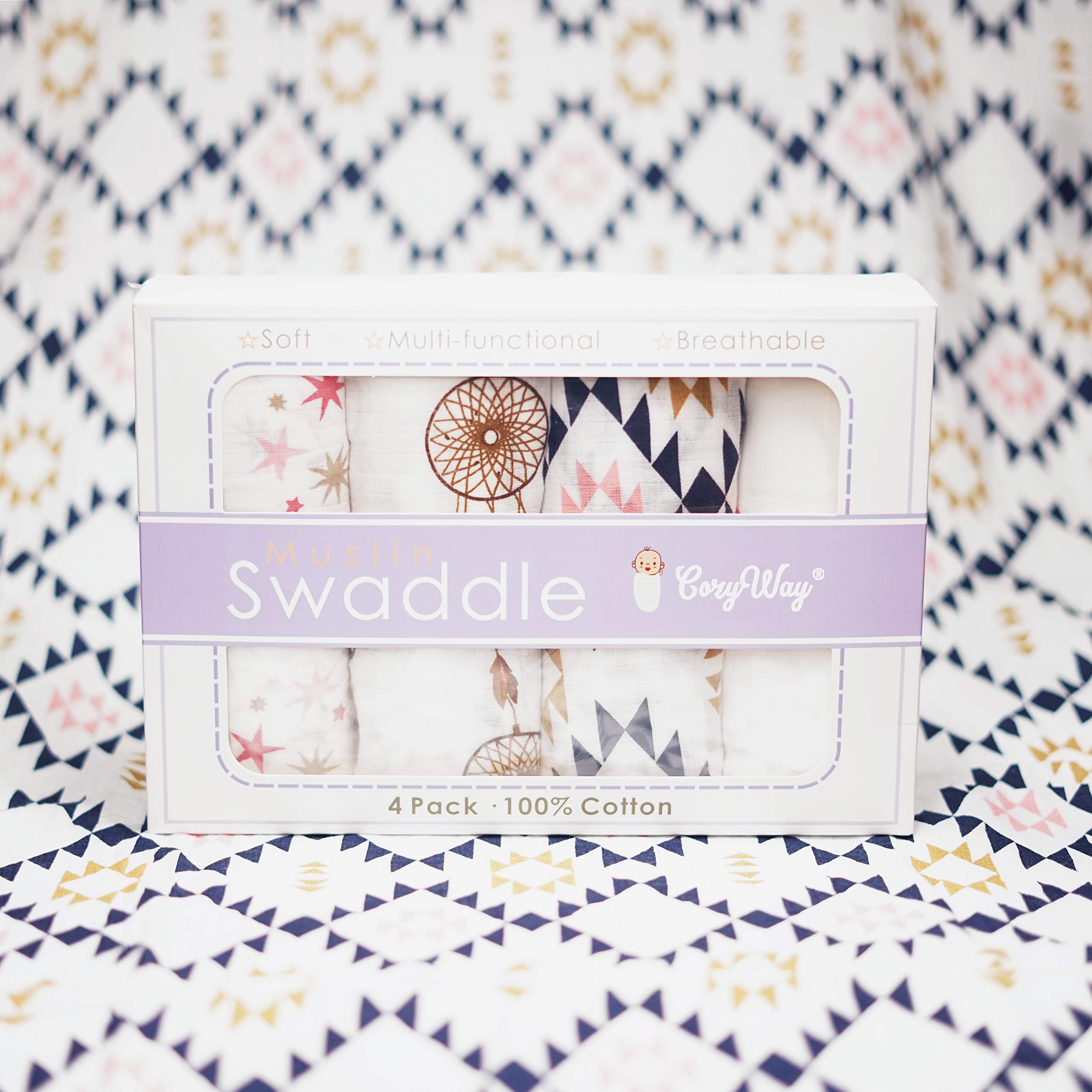 CozyWay Muslin Swaddle Blankets – Baby Blanket 4 Pack Boys/Girls/Unisex, Receiving Blankets, Swaddle Wrap, Bath Towel, Newborn Shower Gifts,47x47 (Dream Catcher)