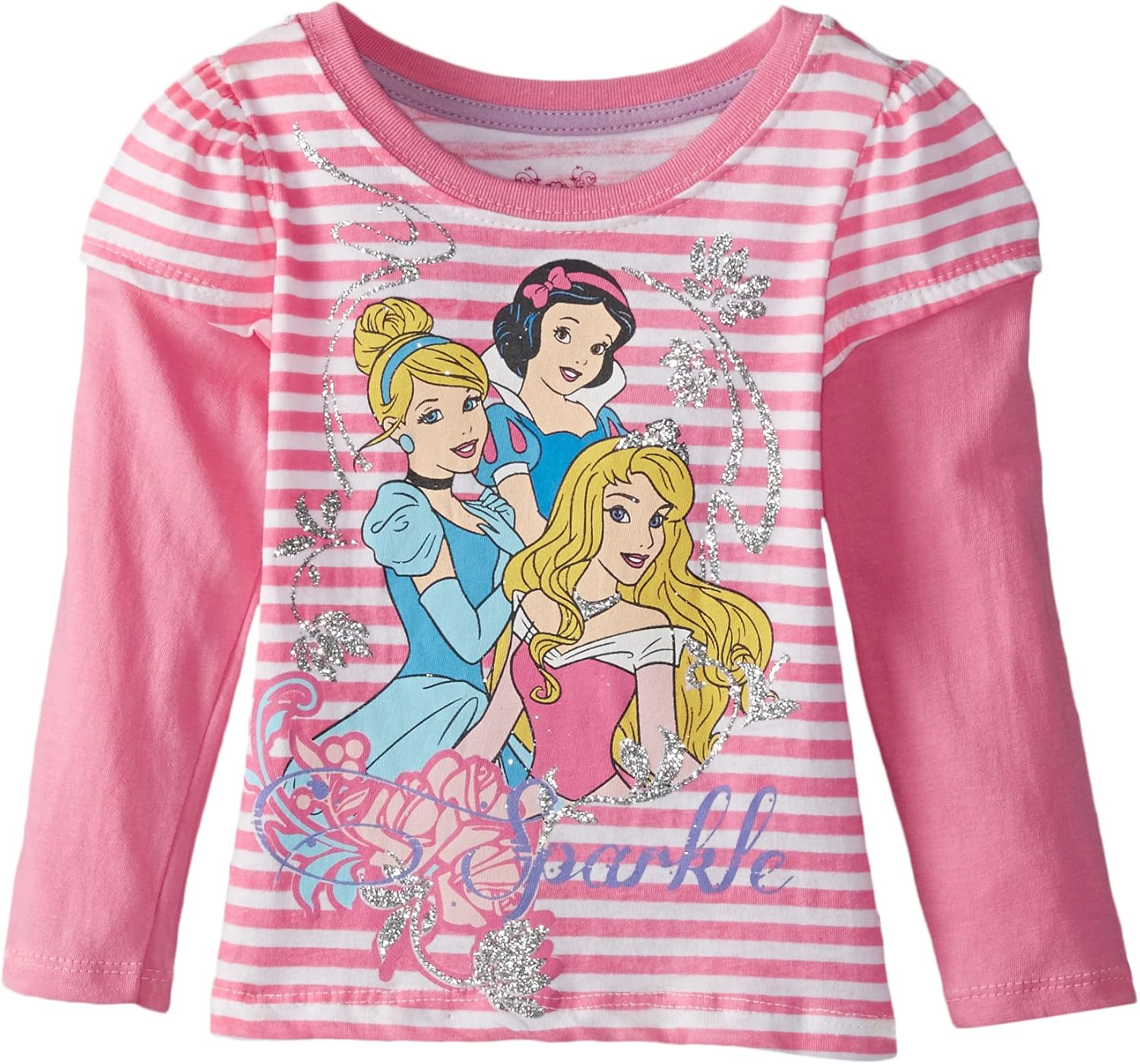 Disney Little Girls' Long Sleeve Striped Princesses TShirt Pink 4T Fashion