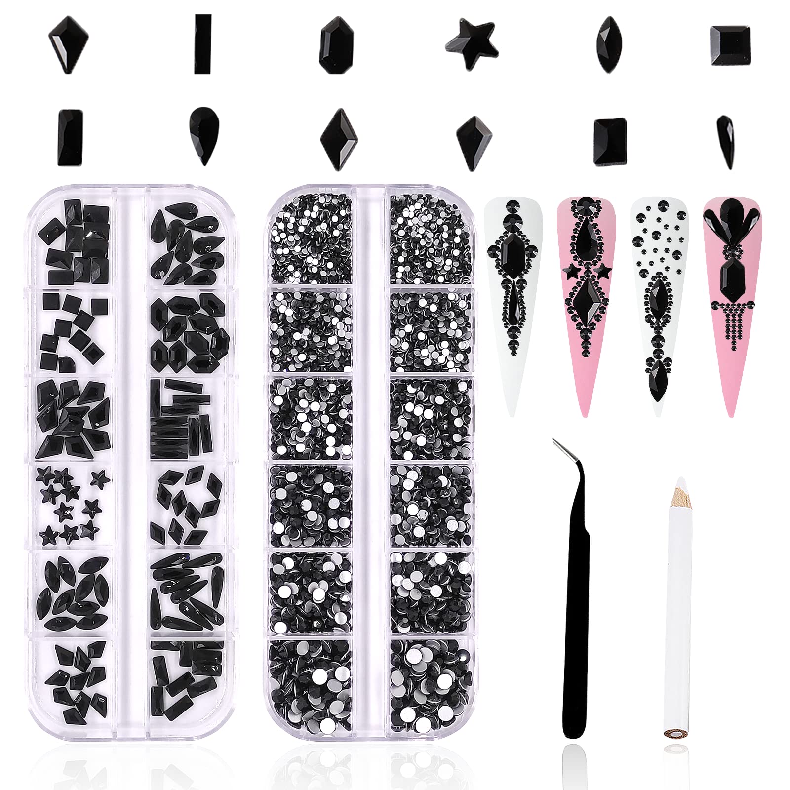 3120Pcs Nail Art Rhinestones Kit,HOINCO 120Pcs Multi Shapes Glass Crystal AB Rhinestones and 3000Pcs Round Flat Back Gems Diamond with Tweezers and Dotting Pen for Nail Art Decoration(Black)
