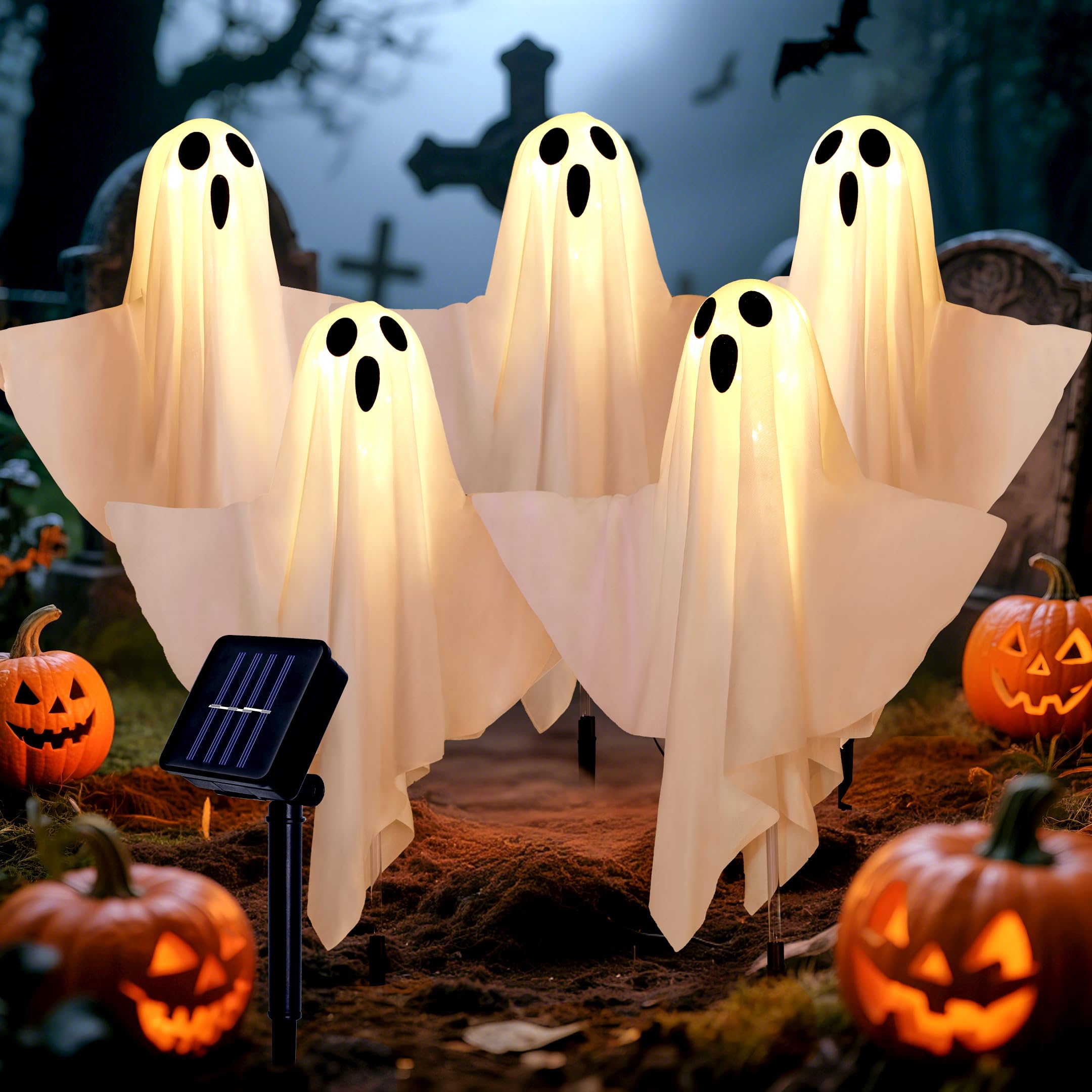 Photo 1 of Halloween Decorations Solar Halloween Ghost Lights - Outdoor Ground Stake Spooky Decorations Ghosts for Yard Lawn Patio Porch Holiday Decor (Set of 5)