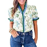 Cicy Bell Womens Summer Floral Print Tops Casual Puff Short Sleeve Ruffle V Neck Button Down Shirts Patchwork Boho Blouses