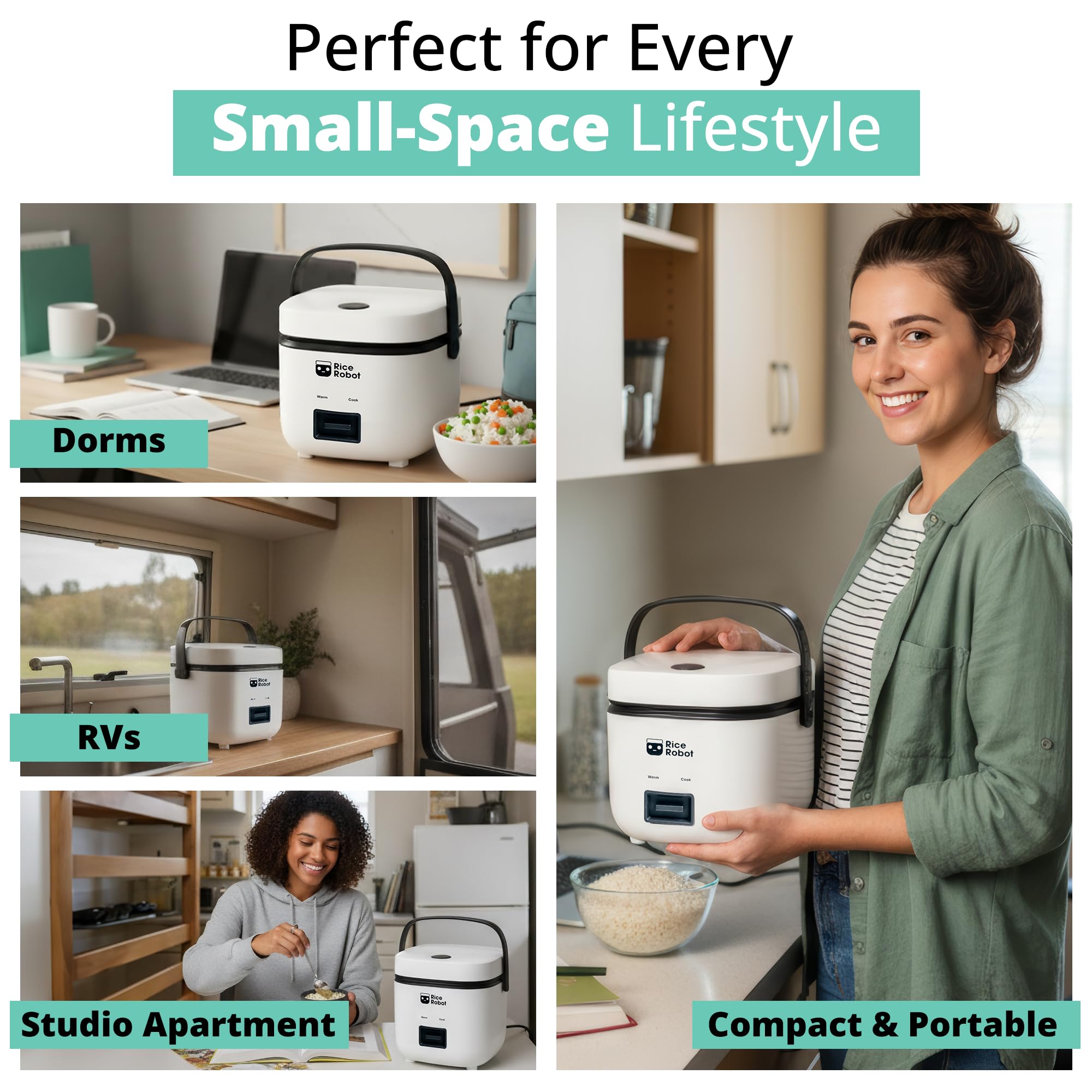 Rice Robot Personal Rice Cooker, PFAS-free, Nonstick. 1 Quart Capacity, with Stainless Steel Steamer Tray, Measuring Cups, Recipe Book with 60 Recipes, and Serving Spoon, As Seen On TV