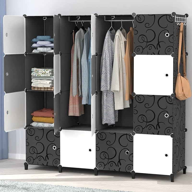 HOMIDEC Portable Wardrobe 16 Cube Closet with 3 Hanging Rails Black