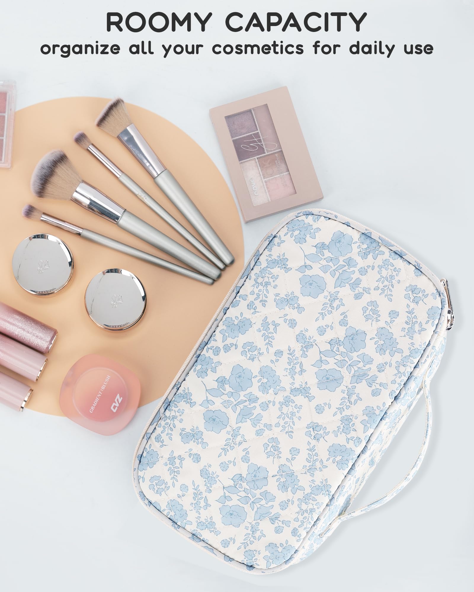 Relavel Travel Makeup Bag, Small Floral Cosmetic Bag with Makeup Brush Compartment, Portable Makeup Pouch for Women, Double Layer Makeup Organizer Bag Cute Toiletry Bag