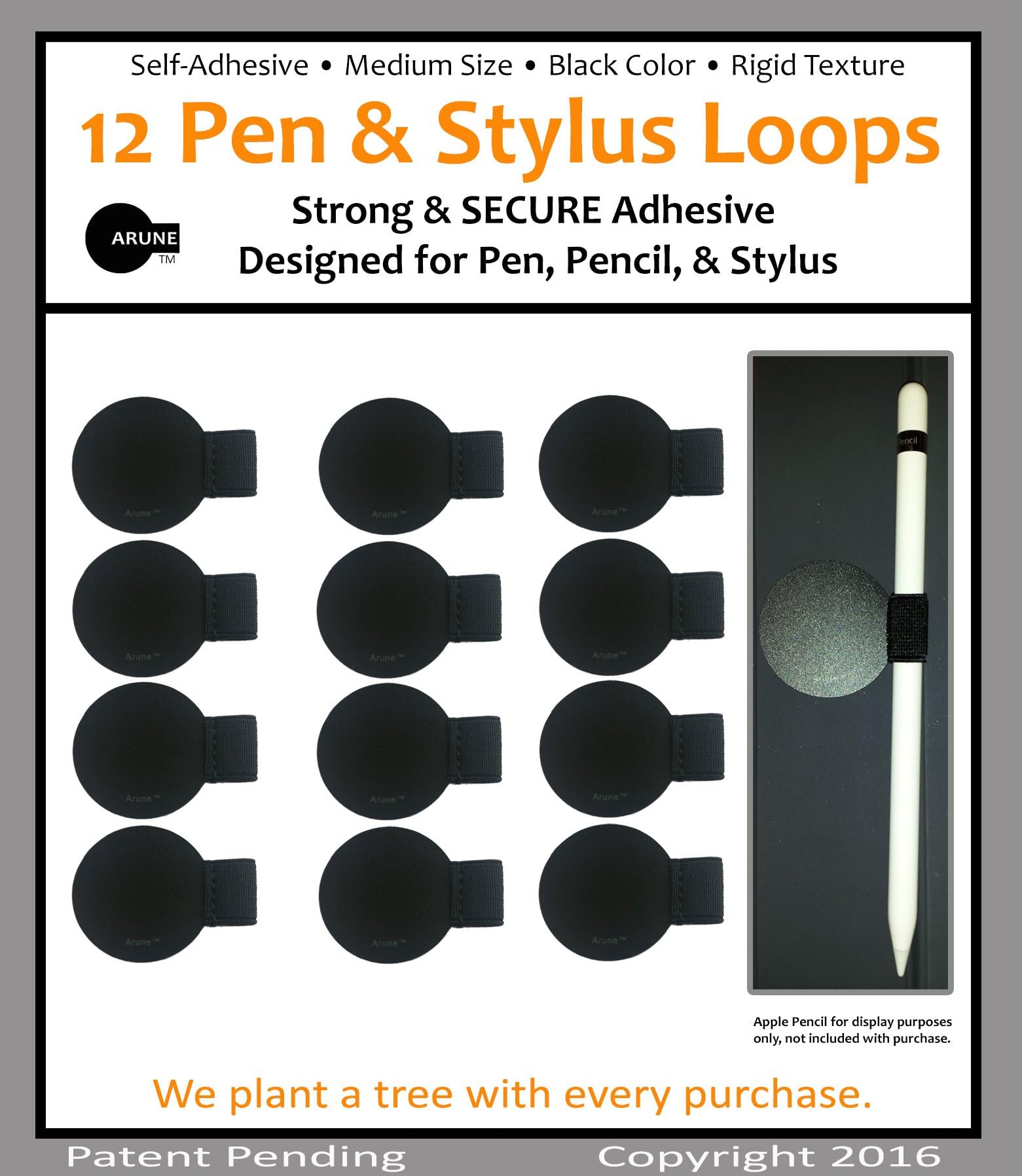 12x Arune Pen & Stylus Loop - Black, Rigid, Medium - Secure Hold - Fits Apple Pencil, Moleskine, journals, Planners sketchbooks, Standard Sized Instruments