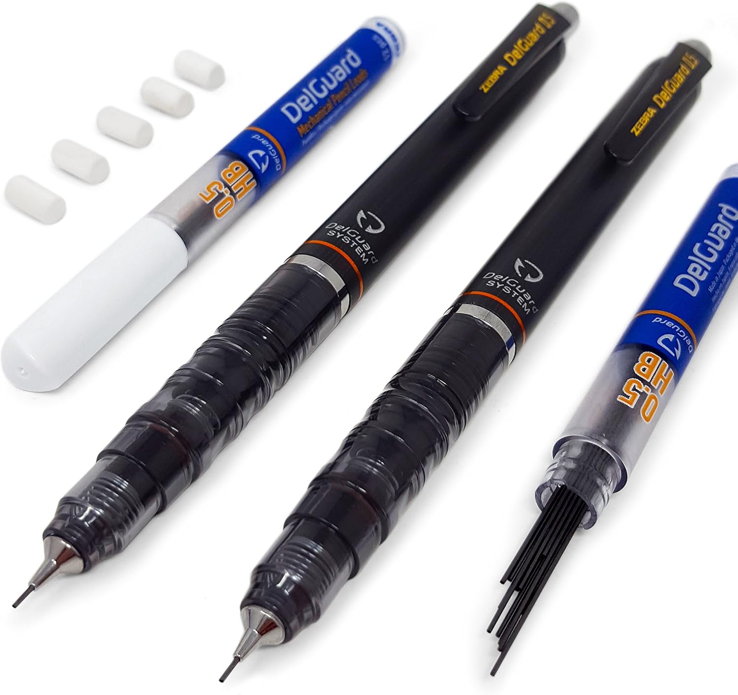 2 x Zebra DelGuard Mechanical Pencils HB 0.5mm + 24 HB Leads + 5