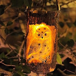 KZOBYD Solar Hanging Lanterns Outdoor Waterproof Owl Stump Lamp with Handle LED Owl Statue Light Lawn Figurine Solar Powered for Patio Courtyard Yard Garden Porch Tabletop Decor (White Wing)