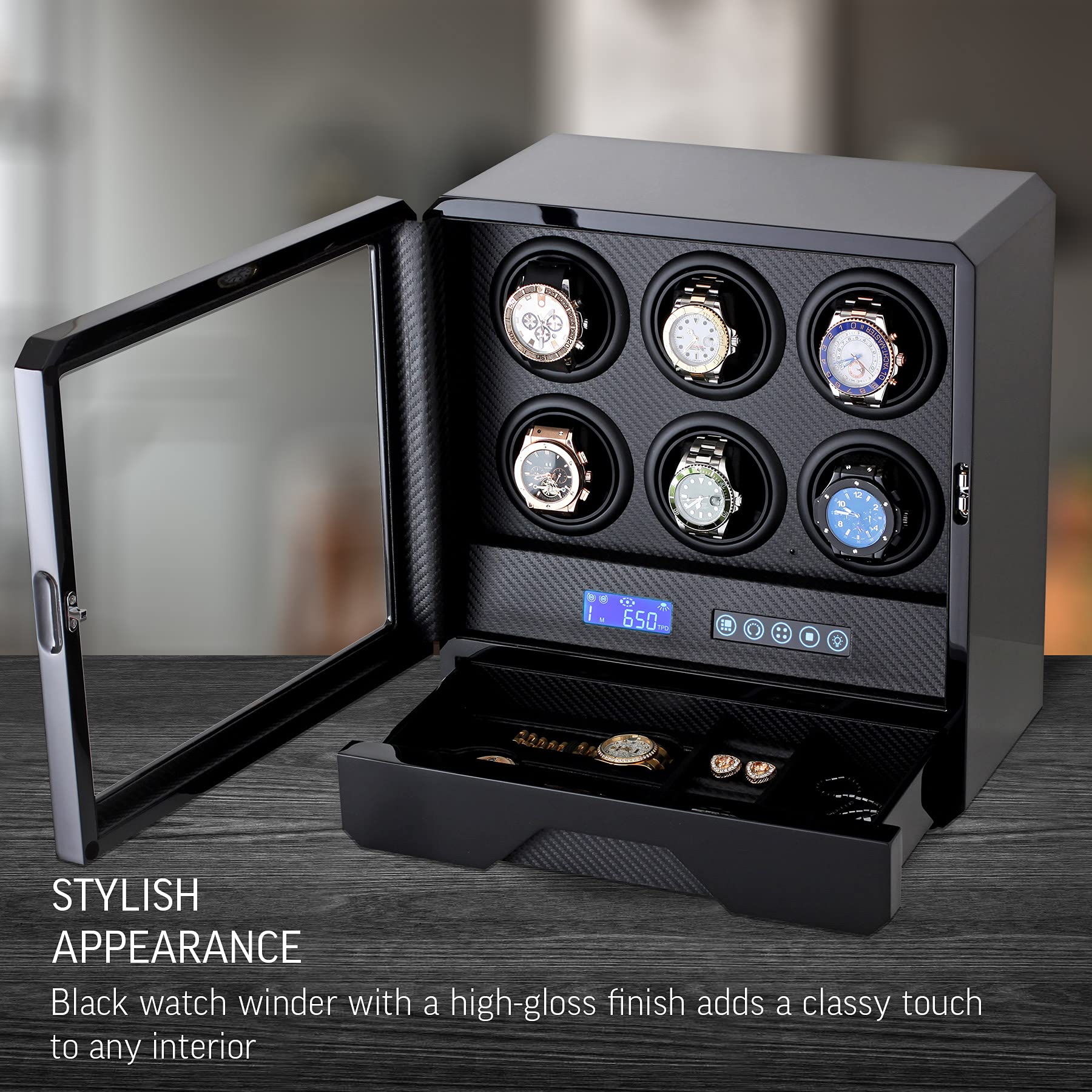 Watch Winder for 6 Automatic Watches with LED Backlight, LCD Display, Remote Control and The Storage Drawer for Watches and Jewelry (Black)