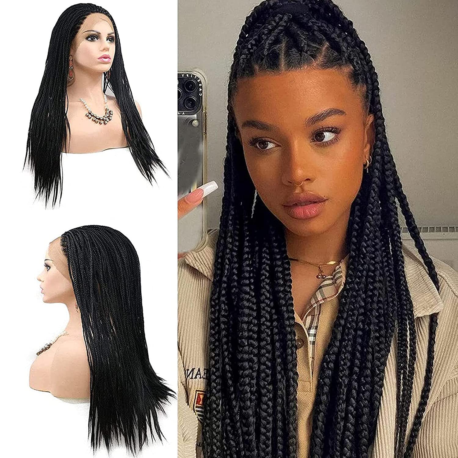 Black Braided Wigs for Black Women Long Knotless Box Braid Wig Handmade Full Braided Lace Front Wig Synthetic Cornrow Glueless Braids Wigs Heat Resistant Fiber Hair Afro Cosplay Drag Daily 20Inch
