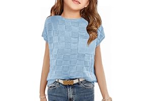 Haloumoning Girls Short Sleeve Sweater Vest Kids Dressy Crewneck Knit Pullover Tops with Pocket 5-14 Years