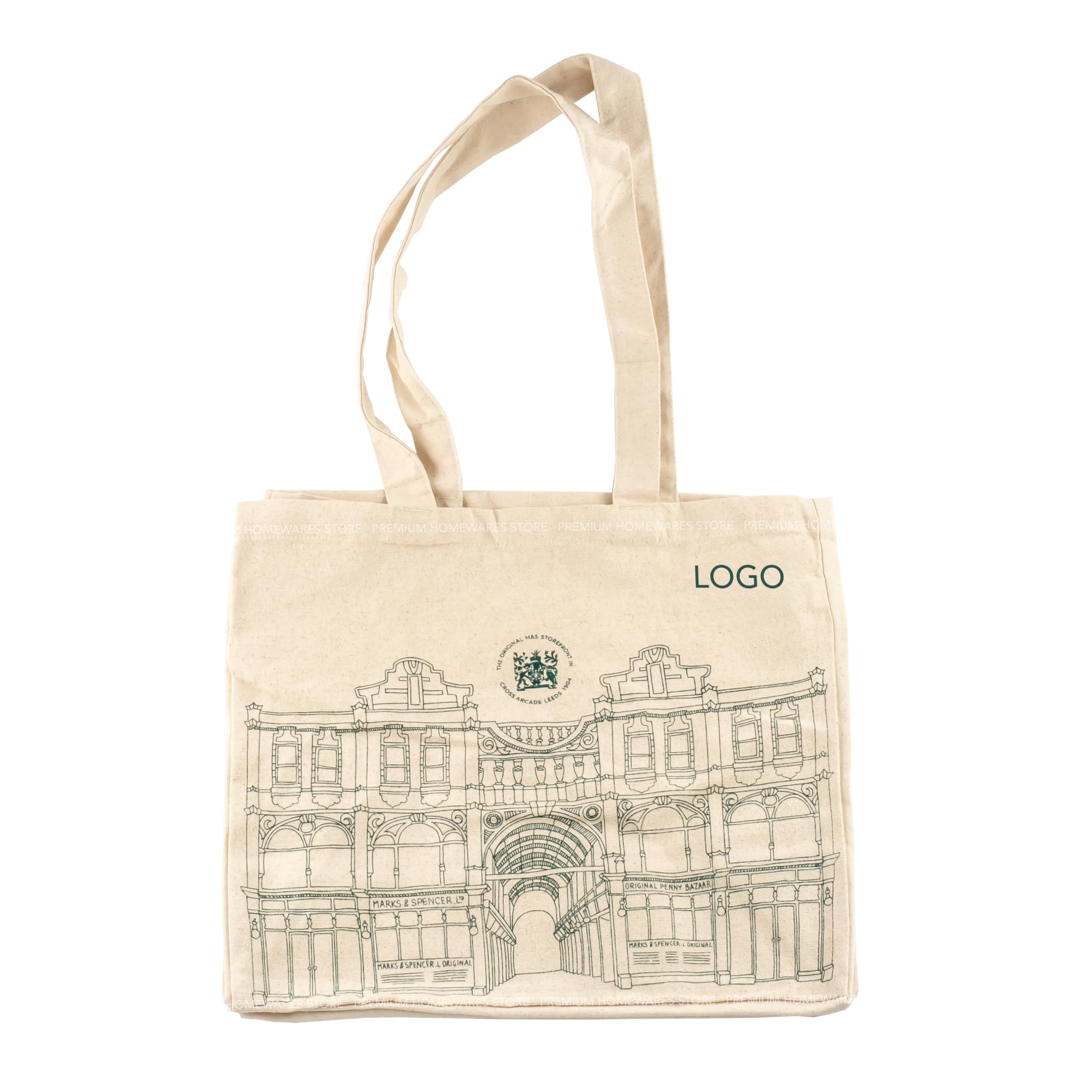 Large Cotton Shopping Tote Bag, Foldable, British Heritage Store Print, 40x36x22cm