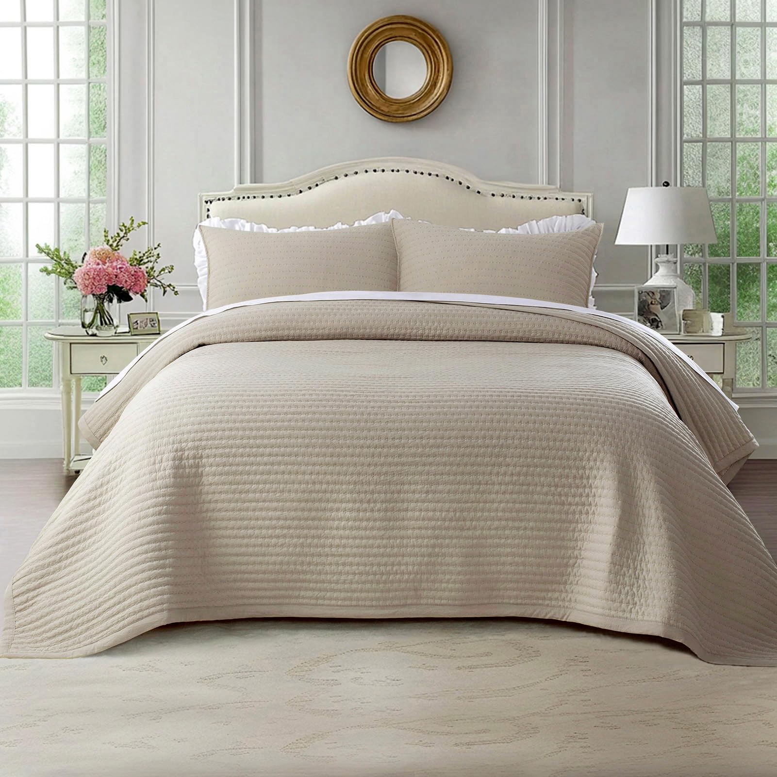 Photo 1 of Oversized King Quilt Set 112"x106" – Soft Washed 3-Layer Lightweight California King Bedspread, Minimalist Nordic Design, All-Season Spring & Summer Quilt Set (1 Quilt + 2 Pillow Shams),Light Taupe