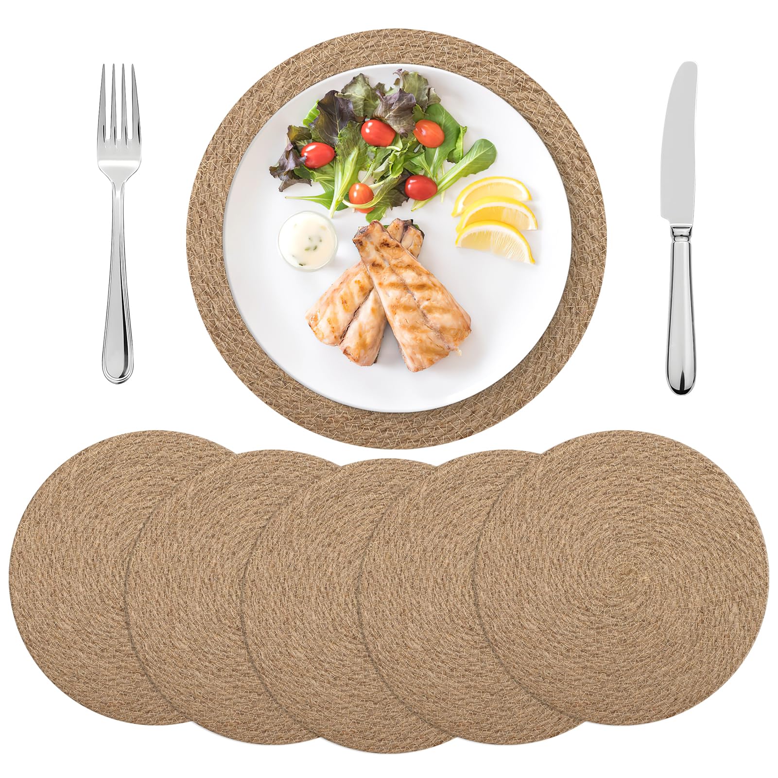 Photo 1 of 12 Inch Round Woven Placemats Set of 6, Natural Jute Braided Placemats, Boho Farmhouse Place Mats, Heat Resistant, Sound Table Mats for Dining Table, Kitchen, Outdoor, Home Decorations, Wedding