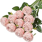 Coferset 10 Pcs Fake Roses,Artificial Silk Rose Flowers with Long Stems,Realistic Faux Roses for Vase Home Wedding Table Centerpieces Baby Shower Decor (Blush)
