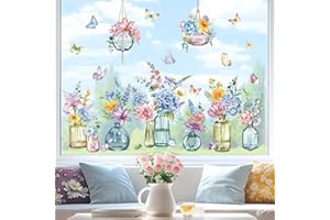 decalmile Spring Summer Potted Flowers Vase Window Clings Double Sided Blue Purple Wildflower Butterflies Window Decals Anti-Collision Glass Window Doors Window Stickers