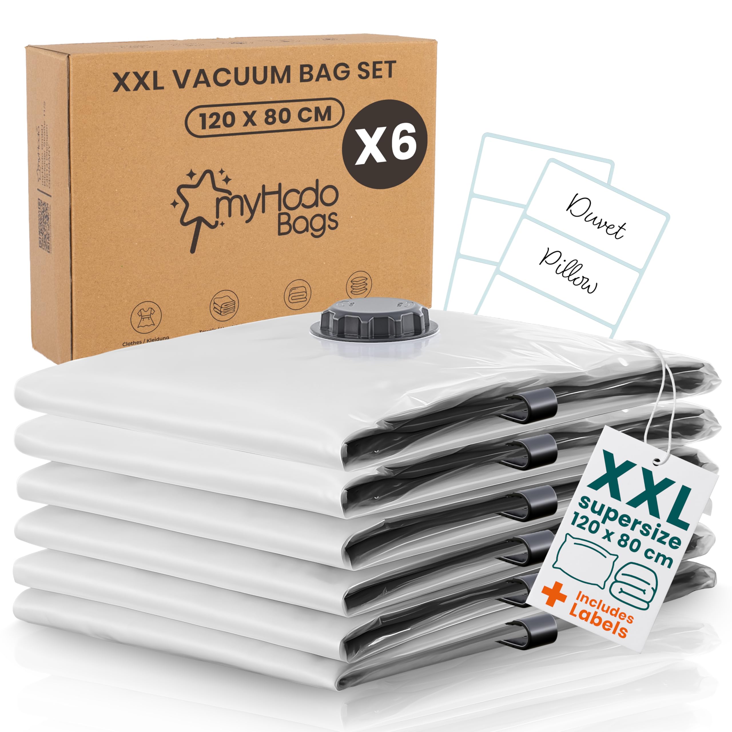 myHodo XXL Vacuum Storage Bags (6 Pack, 80x120 cm) – Extra Large Space Saver Bags for Bulky Textiles like Duvets, Bedding, Linen & Blankets for Use with a Vacuum Cleaner, Durable Double Zip Seal